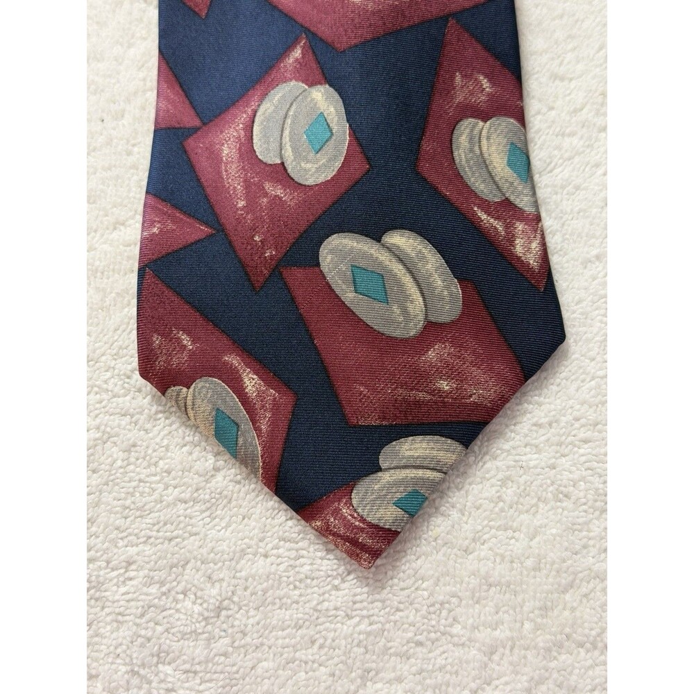 Pattinni Men's Necktie Tie Silk Maroon Blue Geometric Made in USA 4"x60"
